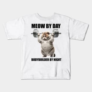 Cat Fitness Lovers Gift Meow By Day Bodybuilder By Night Workout Kids T-Shirt